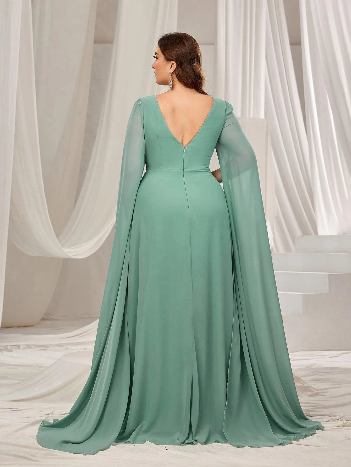 Plus Solid Ruched Front Extra-Long Sleeves Chiffon Prom Dress