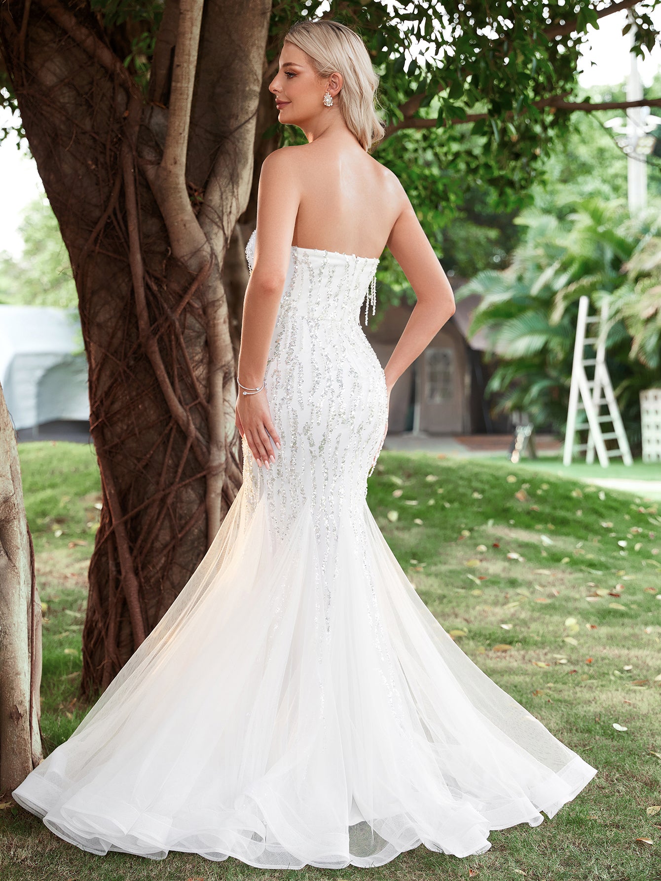 Mesh Insert Mermaid Hem Sequin Tube Wedding Dresses