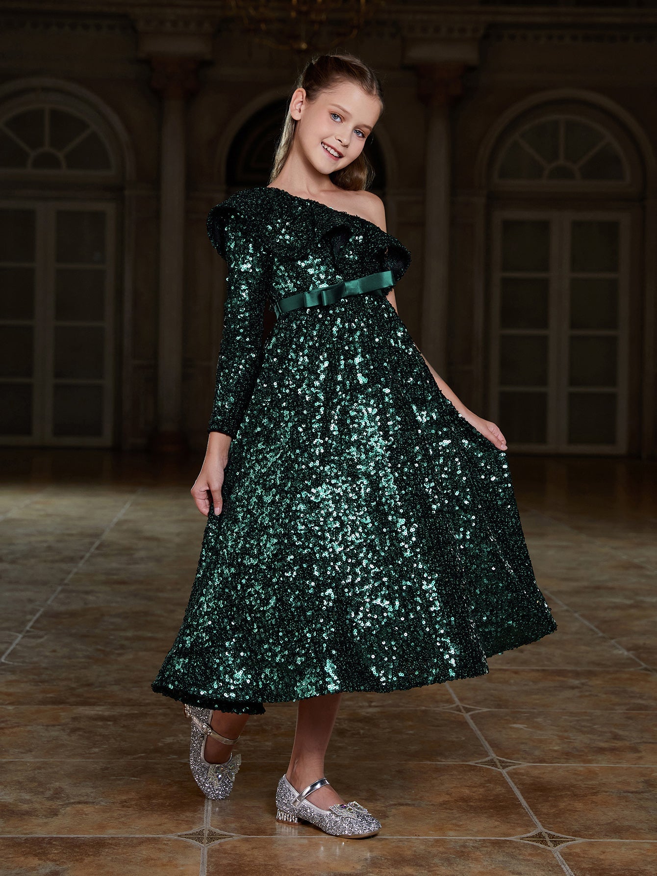 Girl's One Shoulder Ruffle Trim Sequin Party Dress