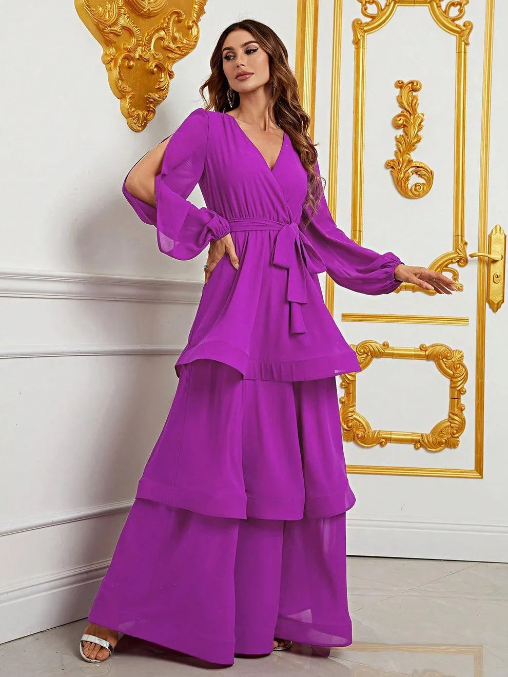 Cascading Ruffle Lantern Sleeves Chiffon Dresses