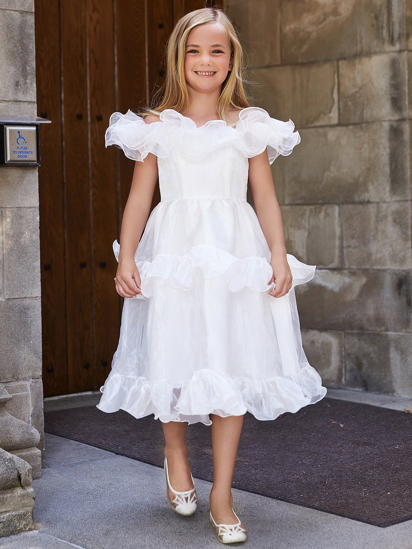 Girl's Ruffle Trim Organza Overlay Party Dress