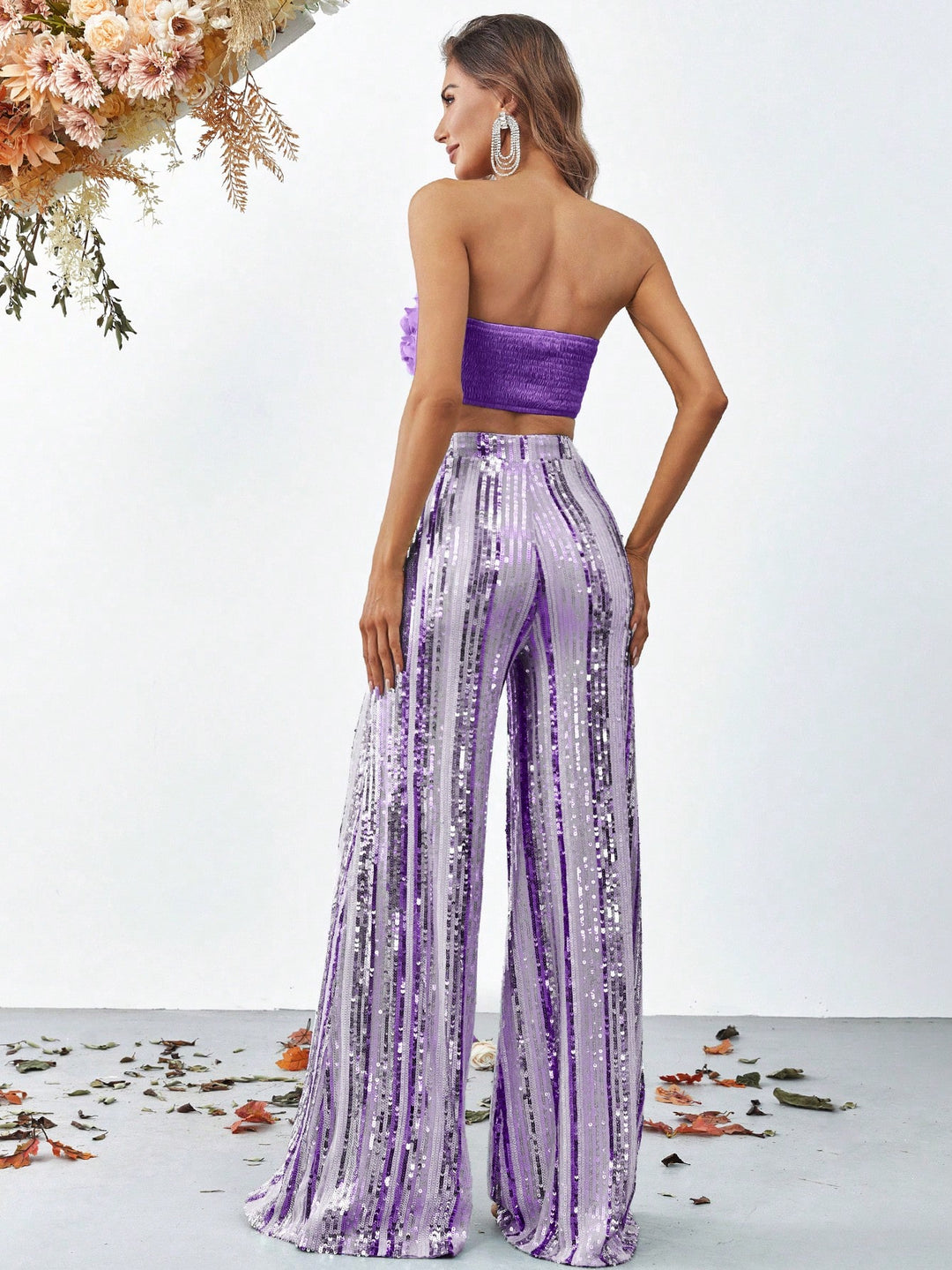 3D Flower Tube Top & Sequin Wide Leg Pants