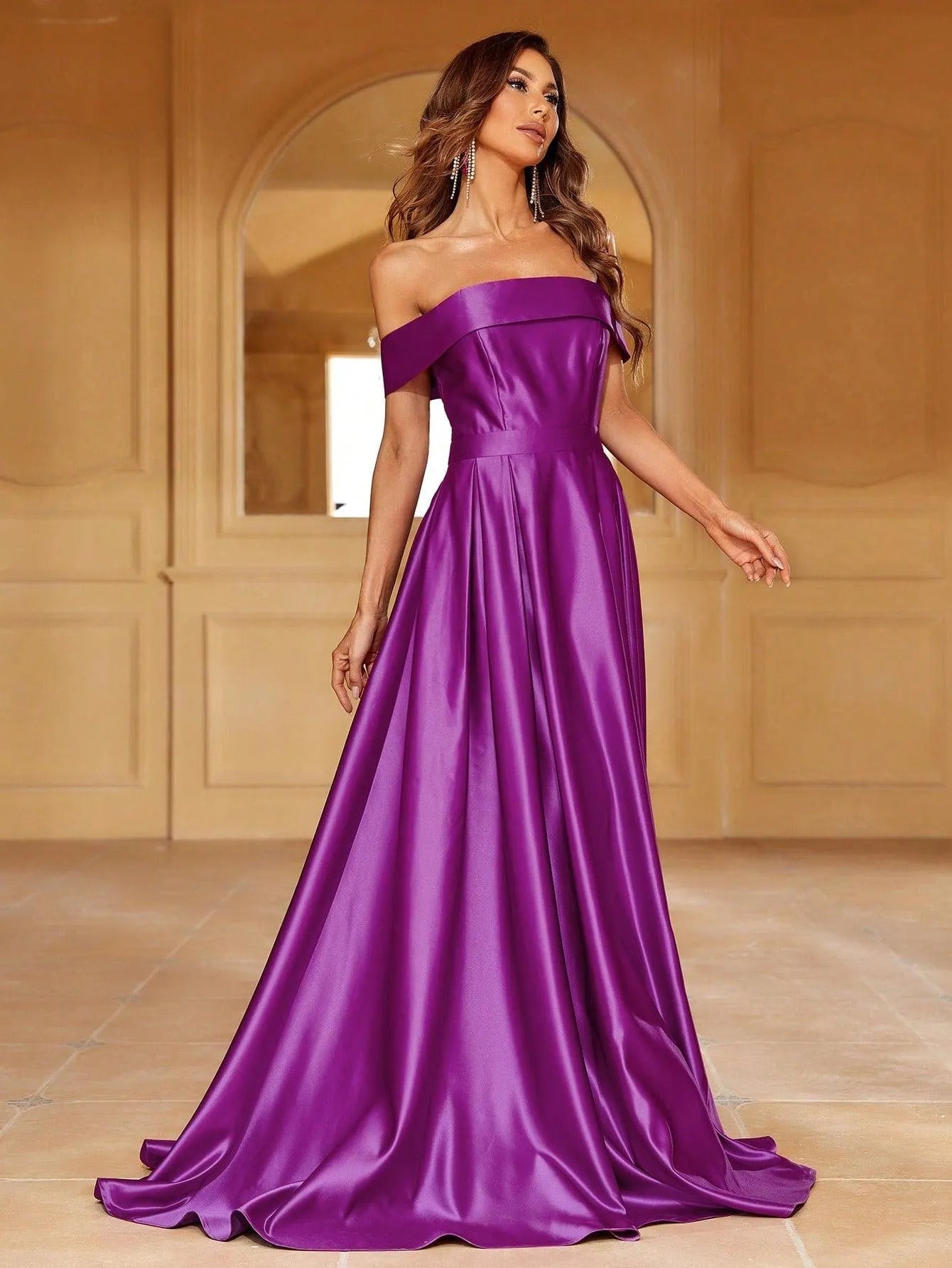 Off Shoulder Floor Length Satin A Line Dress