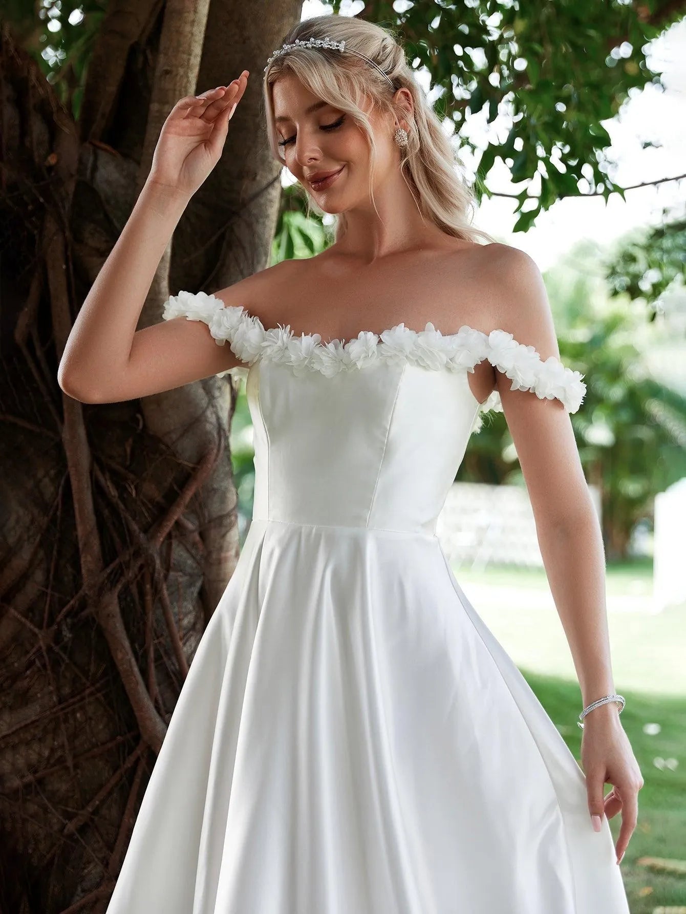 Off Shoulder Floral Applique Satin Wedding Dress