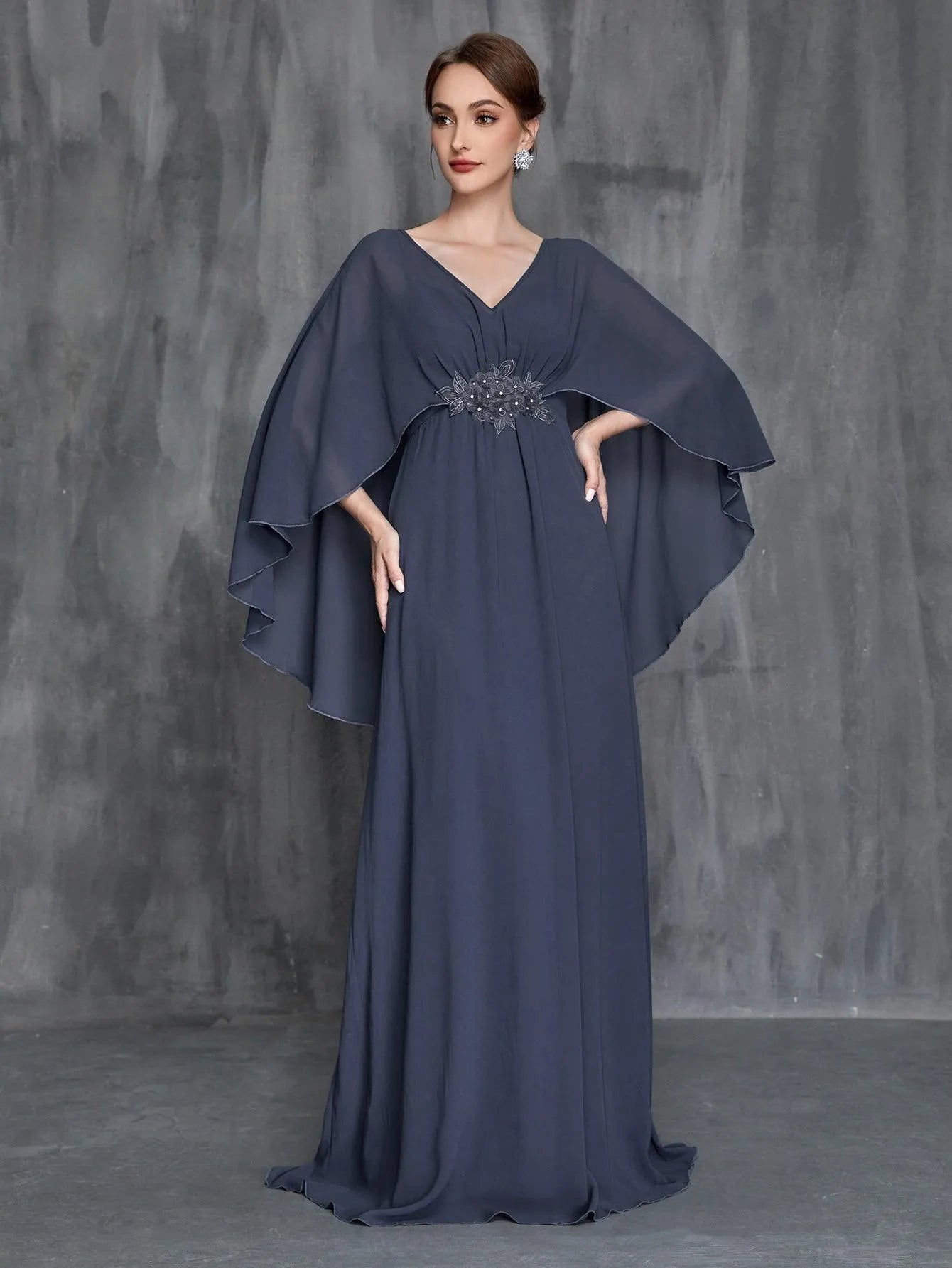 Womens' Applique Detail V Neck Chiffon Cape Dress