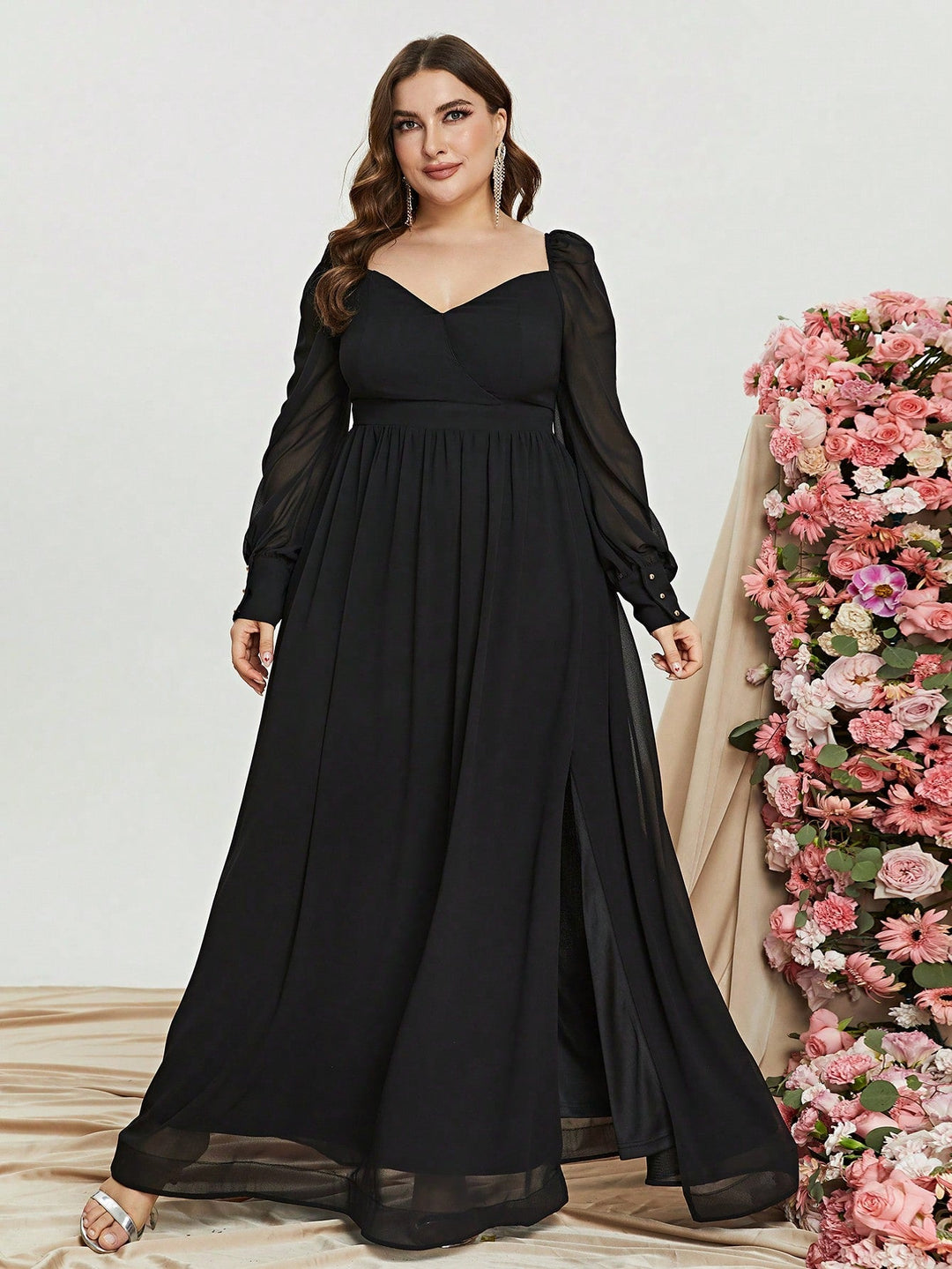 Plus Size Sweetheart Backless Long Sleeve Chiffon A line Dresses