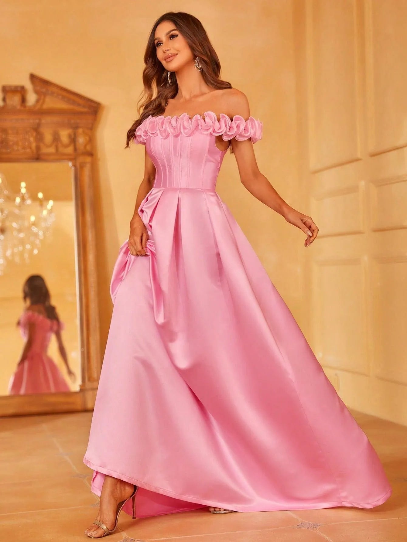 Off Shoulder Ruffle Trim Satin Prom Dress