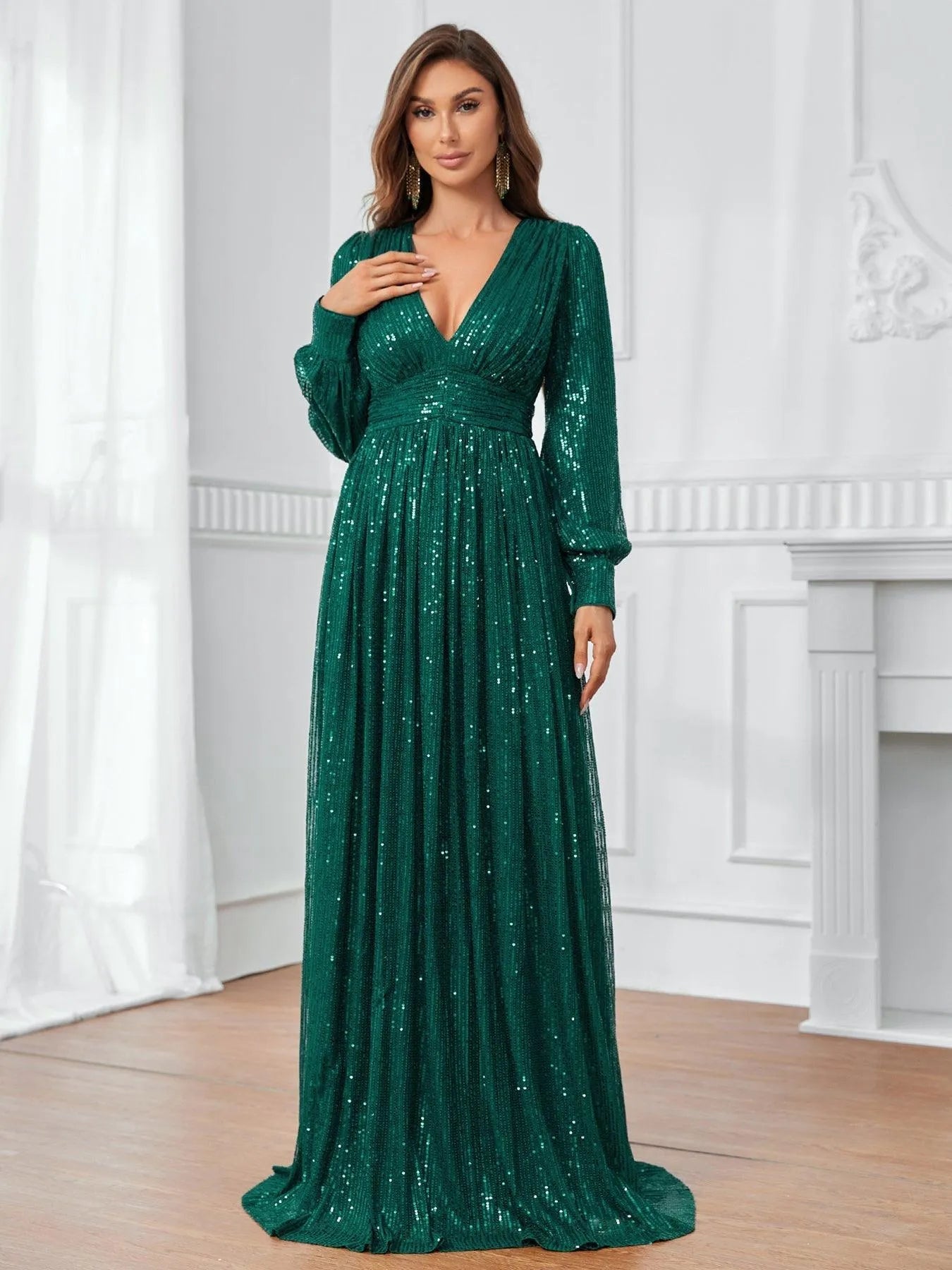 Elegant V Neck Lantern Sleeve Sequin Formal Dresses