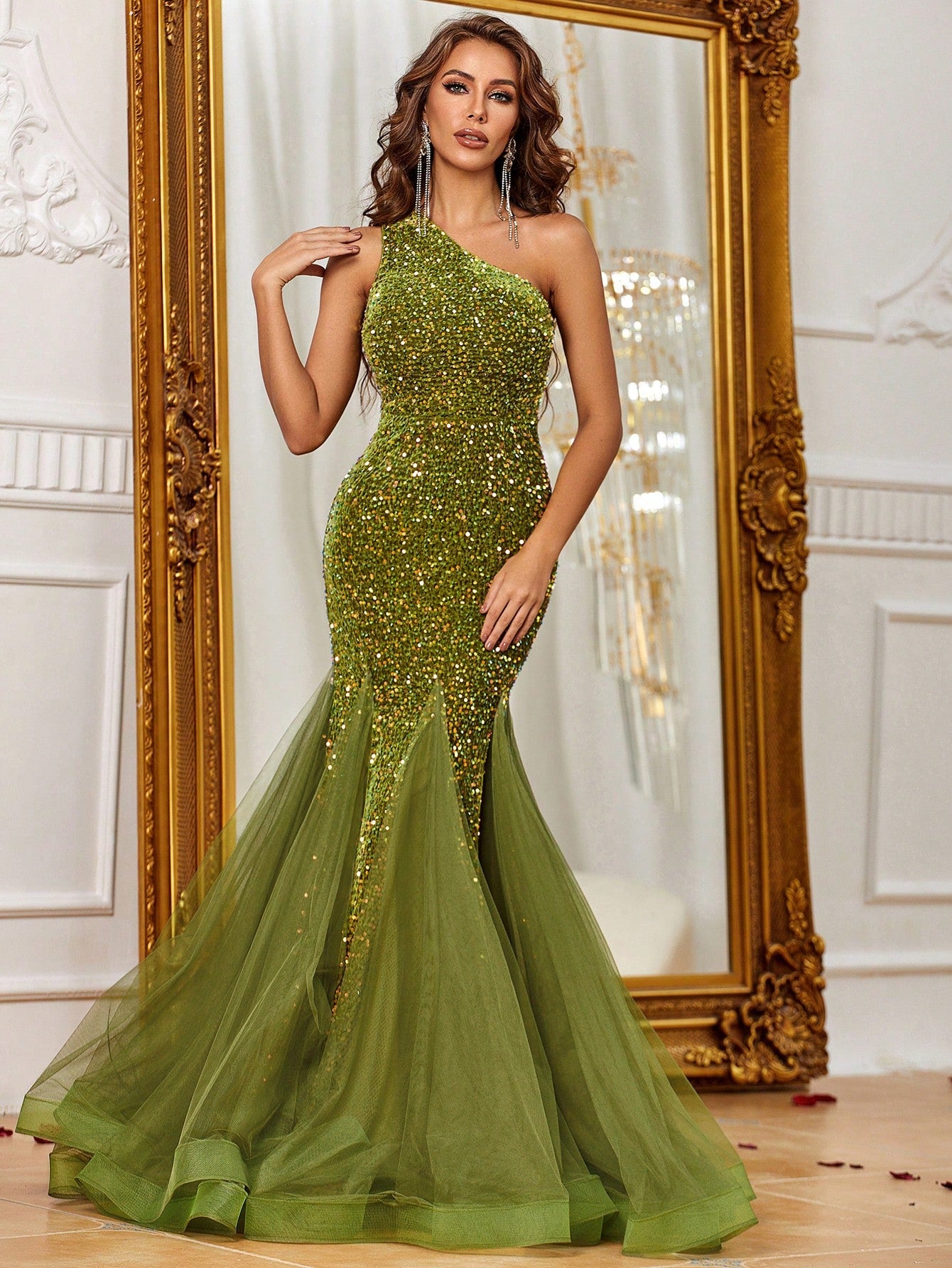 Elegant One Shoulder Sleeveless Mesh Insert Sequin Mermaid Dress