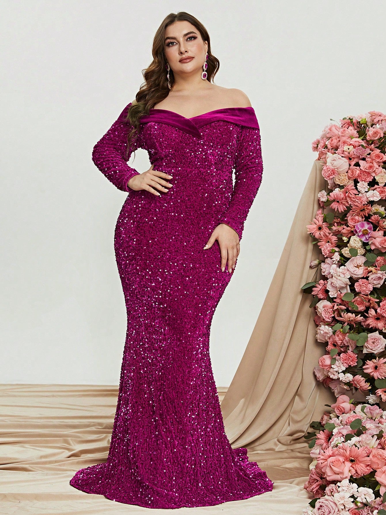 Plus Off Shoulder Long Sleeve Sequin Mermaid Dresses