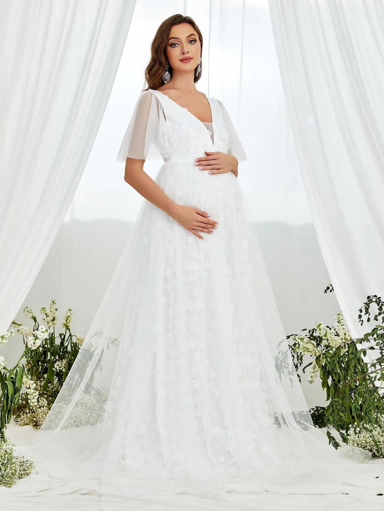 Maternity Butterfly Sleeve Floral Applique Mesh Wedding Dress