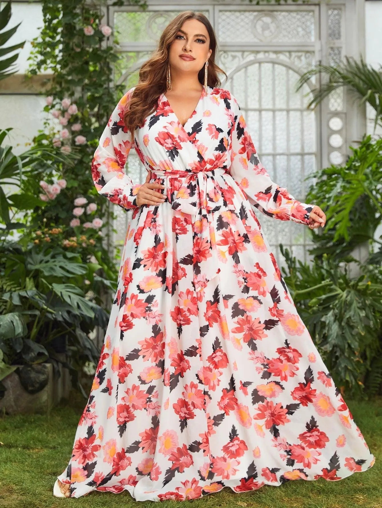 Plus Floral Elegance Long-Sleeve Maxi Dress