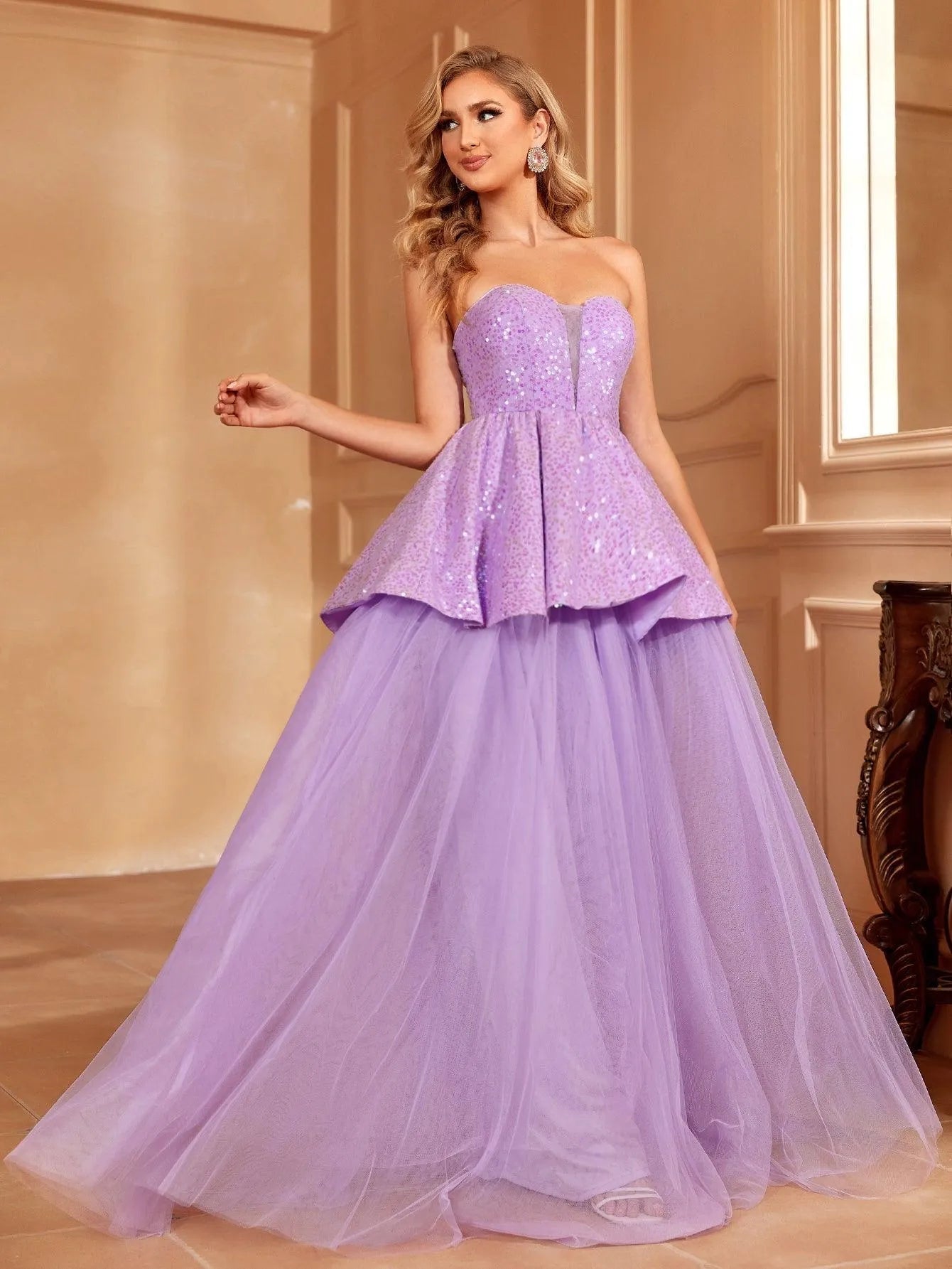 Sequin Bodice Contrast Mesh Hem Tube Prom Dress