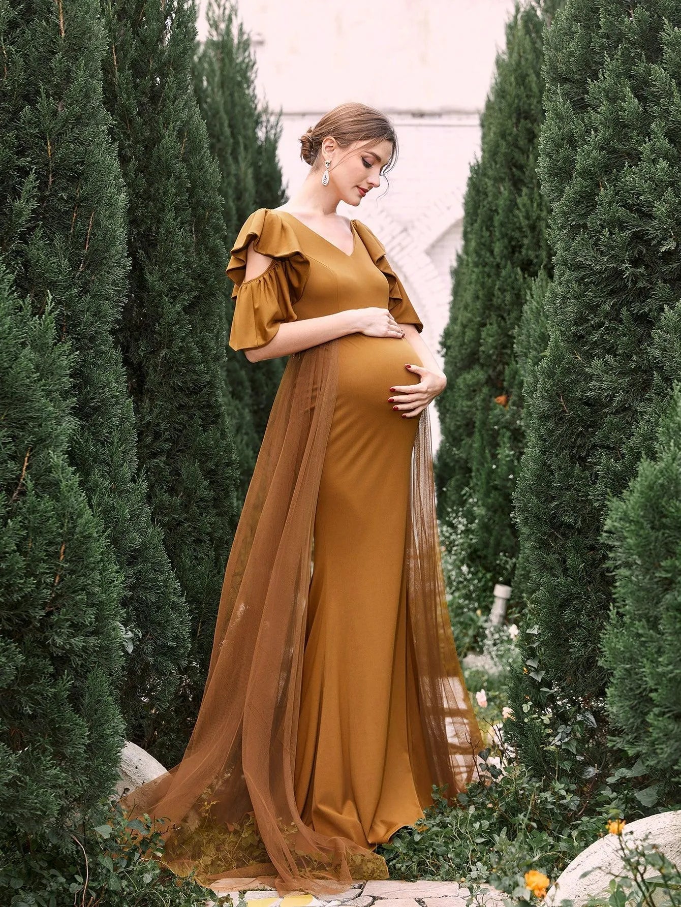 Maternity V Neck Ruffle Sleeves Mesh Overlay Mermaid Dress