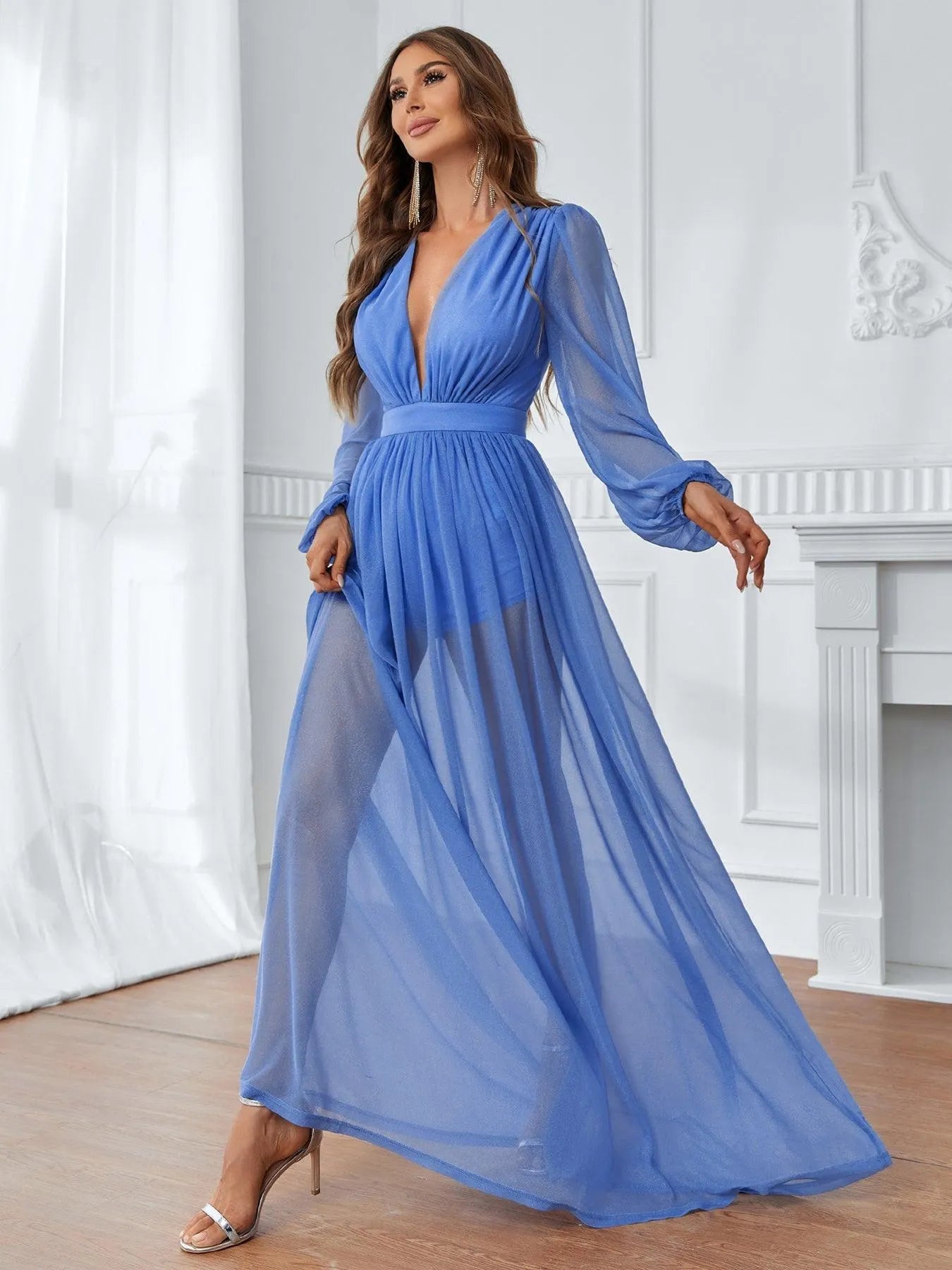 Plunging Neck Lantern Sleeve Floor Length A Line Dress