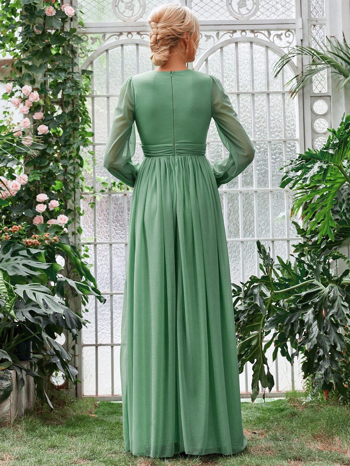 Elegant V Neck Lantern Sleeve Ruched Waist Maxi Dresses