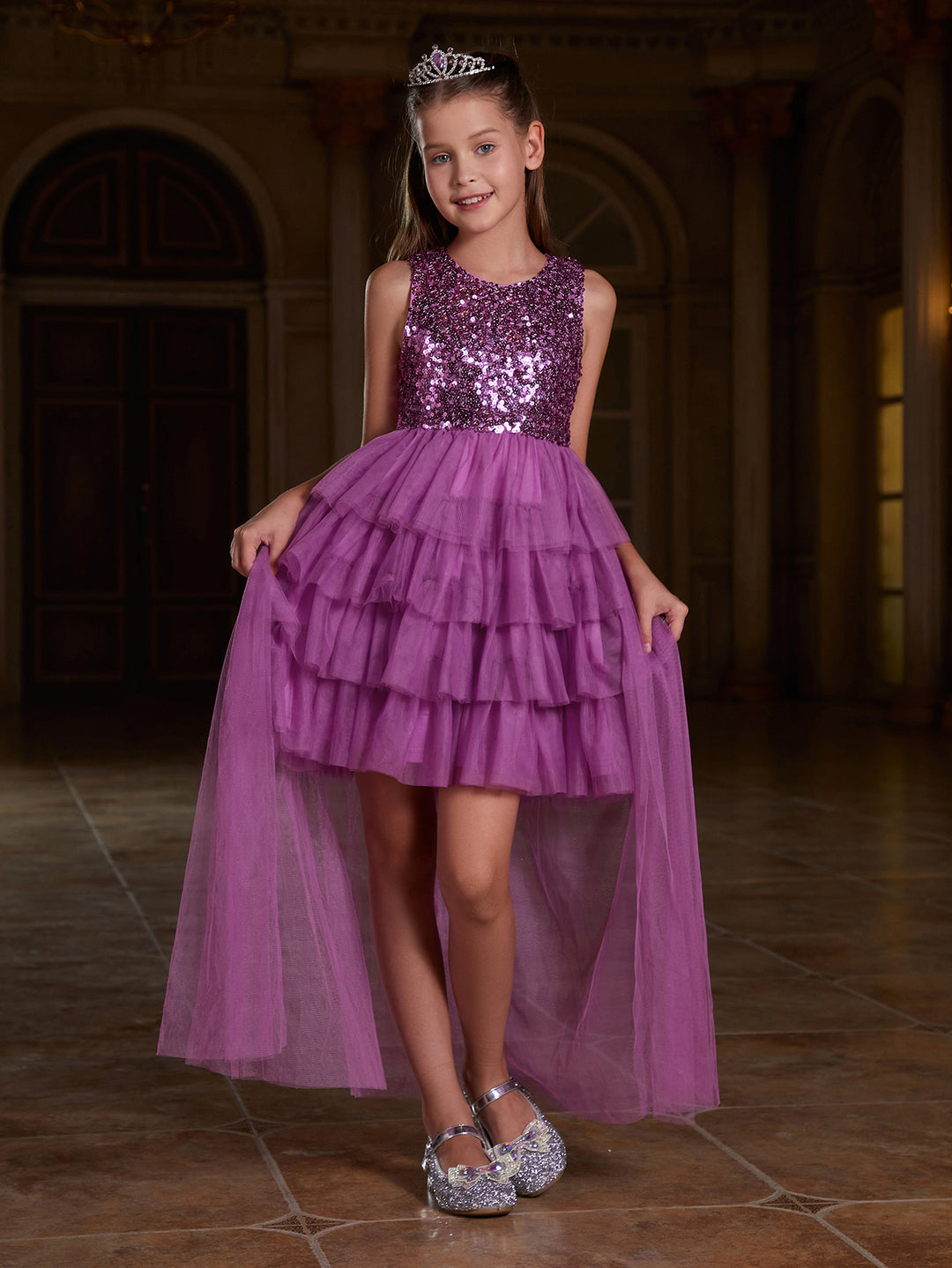 Tween Girls' Mesh Layered Hem Sequin Party Dress