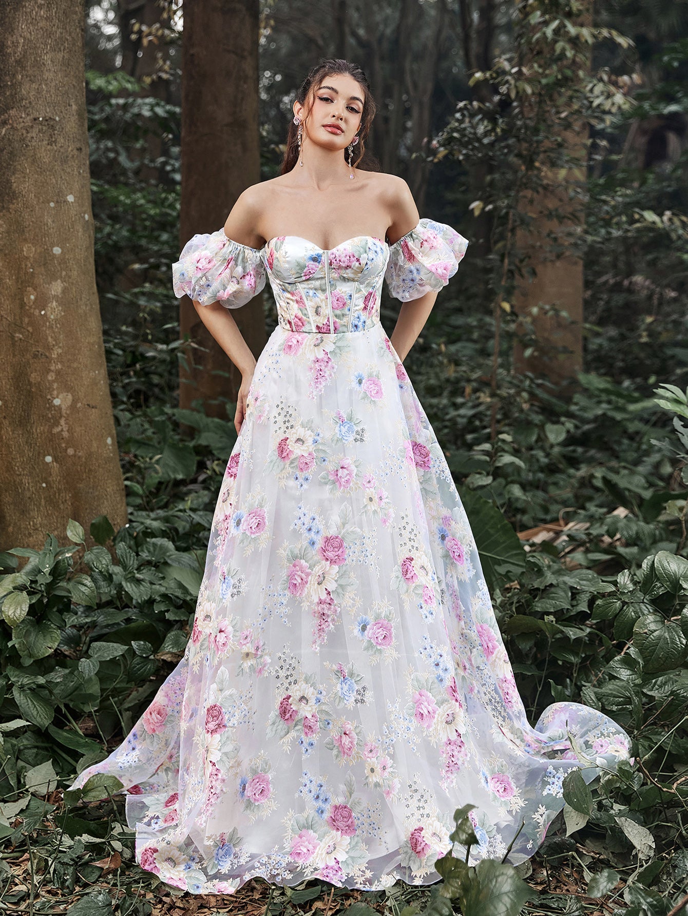 Elegant Off Shoulder Puff Sleeves Floral Printed Organza Prom Dress