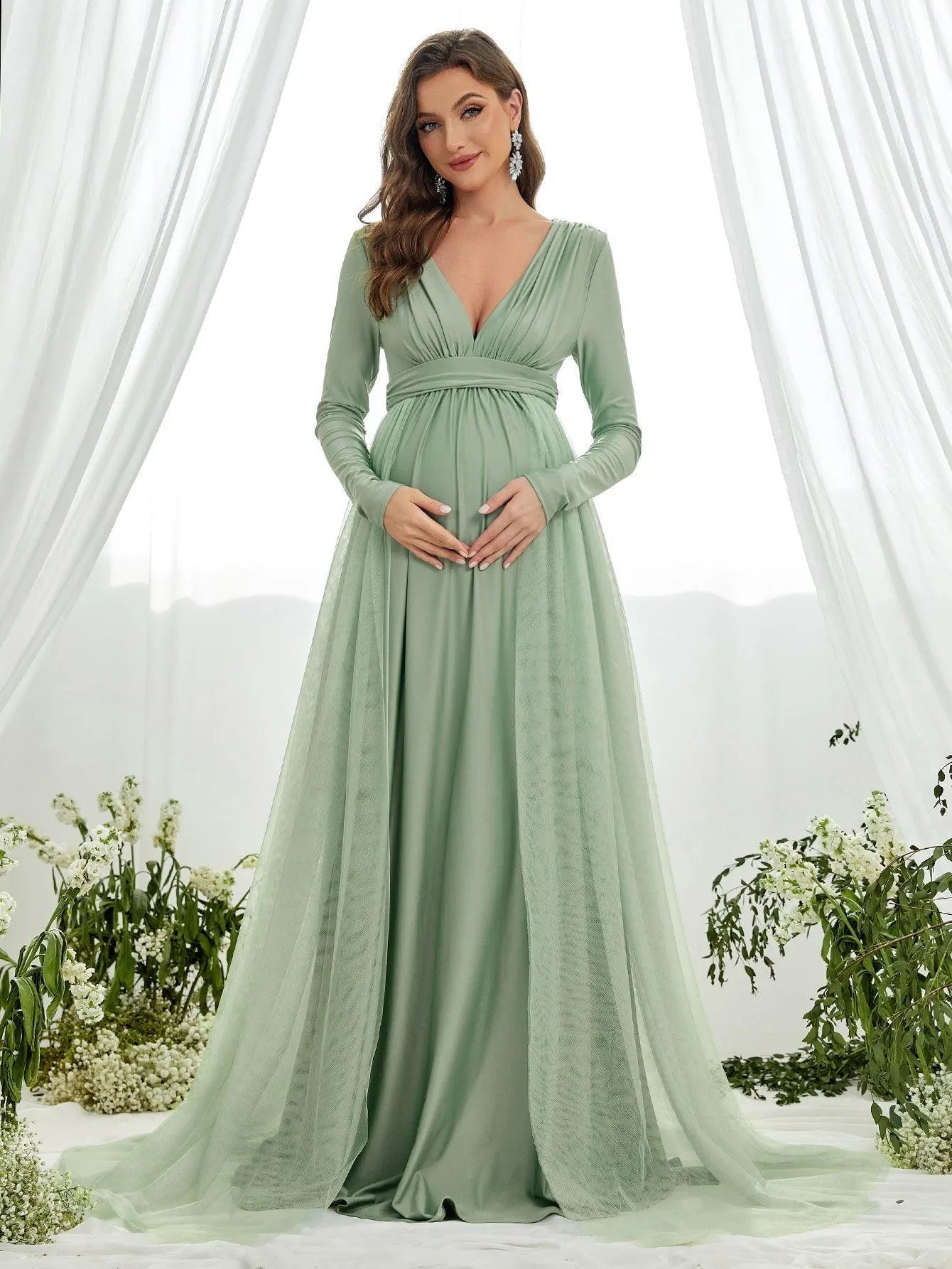 Maternity Plunging Neck Long Sleeve Contrast Mesh Formal Dress