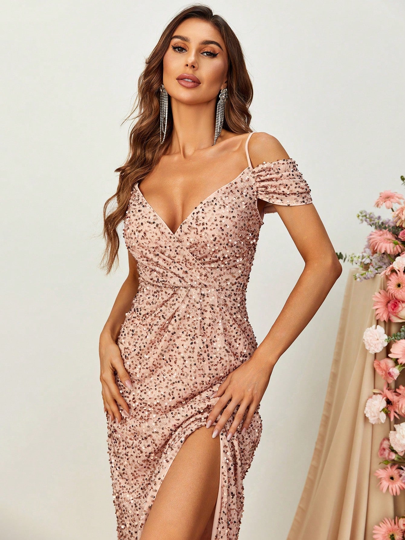 Elegant Off Shoulder Short Sleeve Sequin A Line Slit Dresses