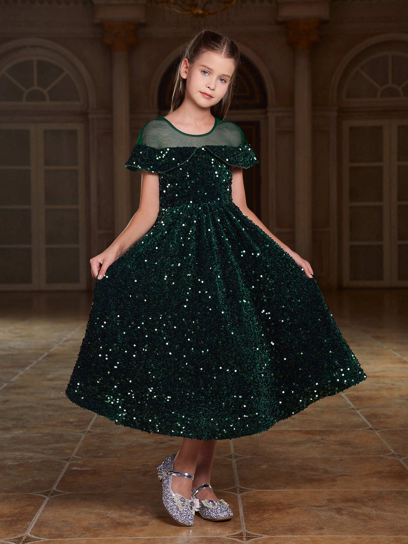 Girl's Contrast Mesh Sequin Prom Dress