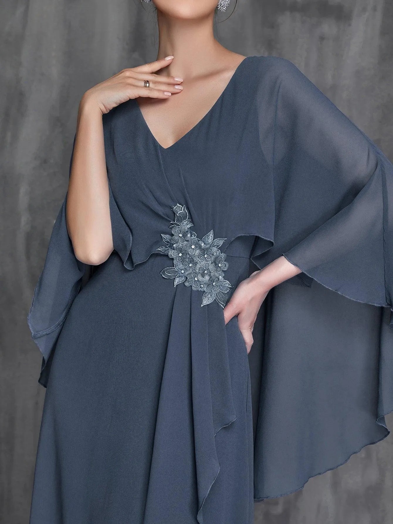 Womens' Applique Detail Chiffon Cape Dress