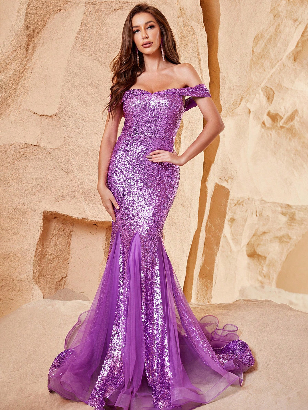 Off Shoulder Sleeveless Mesh Insert Sequin Mermaid Dress