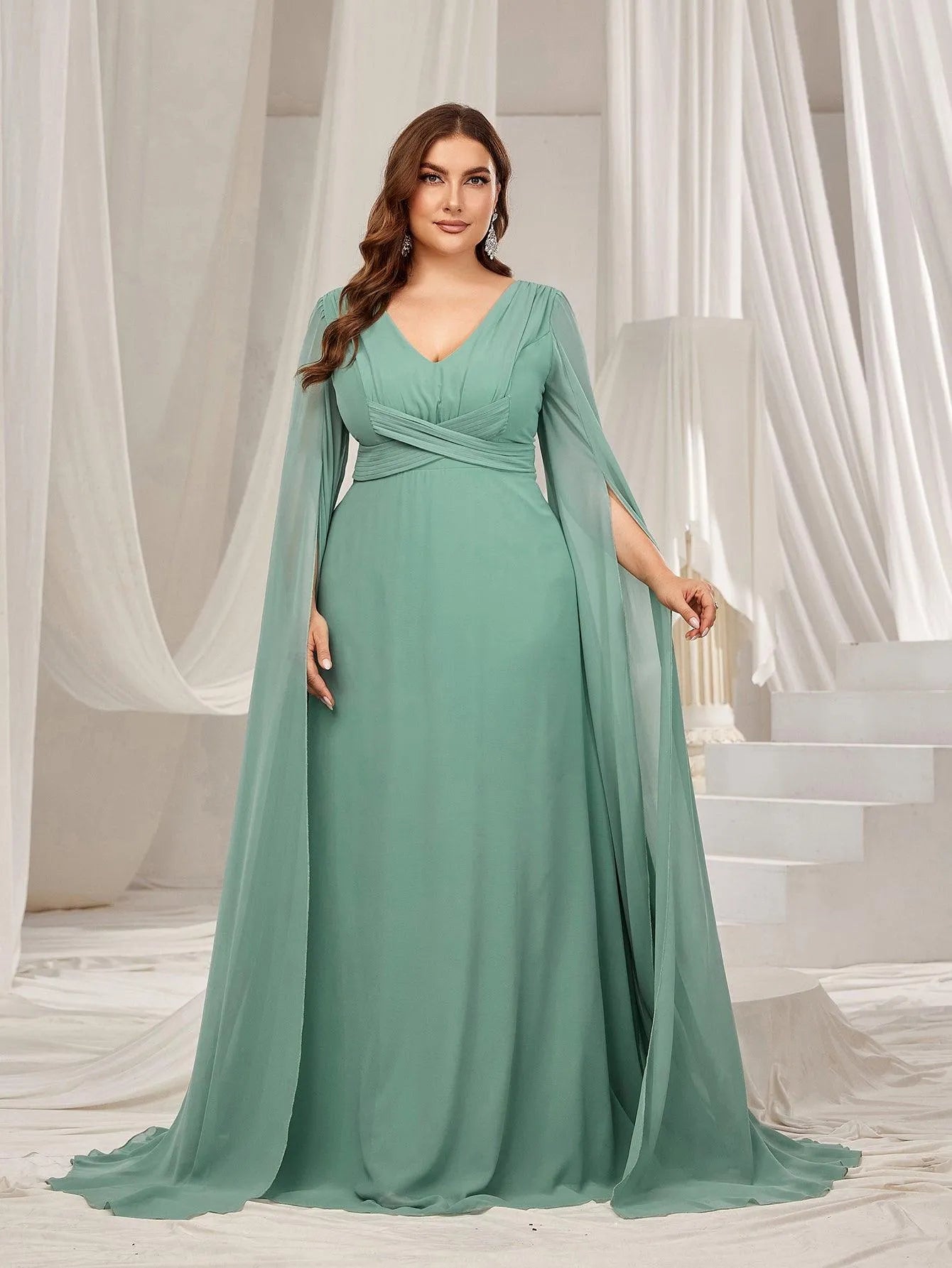 Plus Solid Ruched Front Extra-Long Sleeves Chiffon Prom Dress