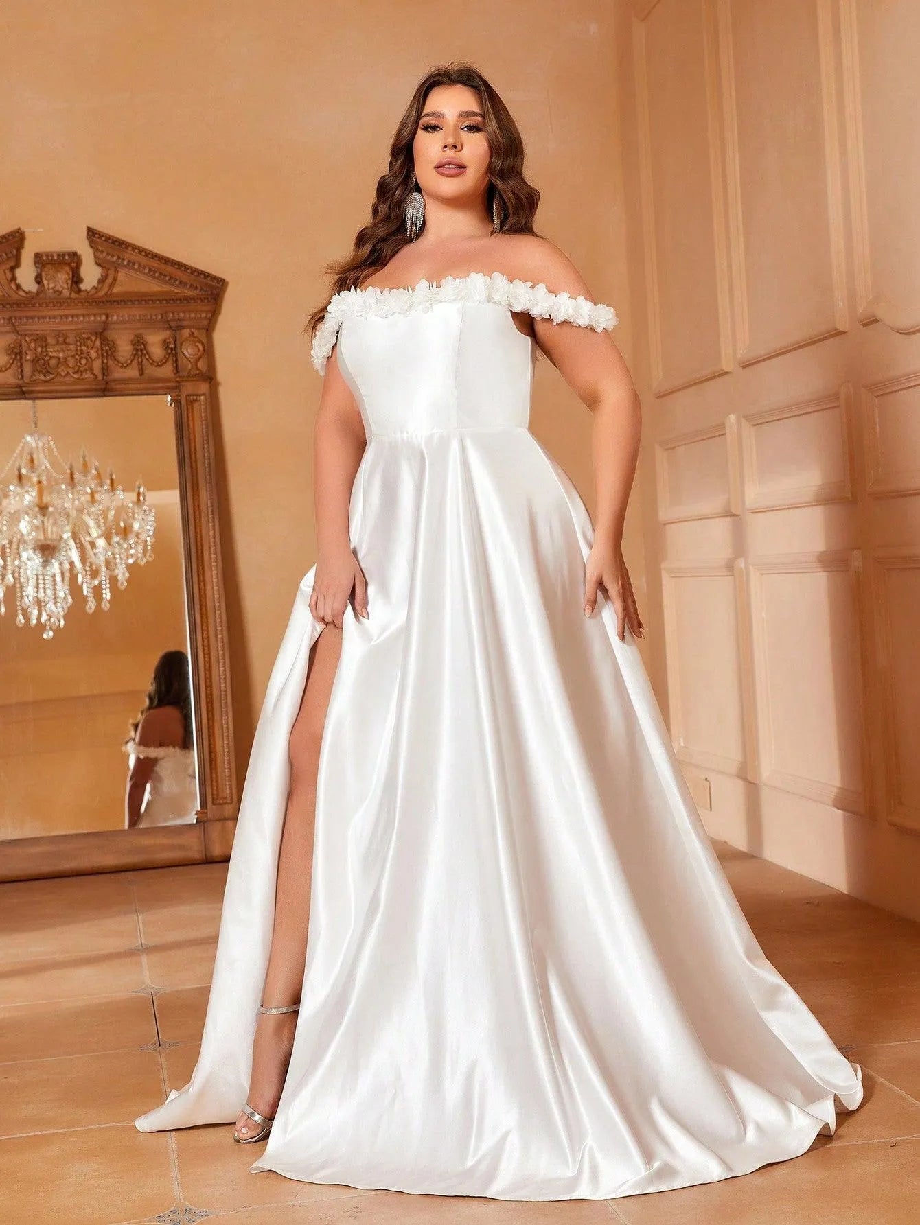 Plus Off Shoulder Floral Applique Satin Wedding Dress