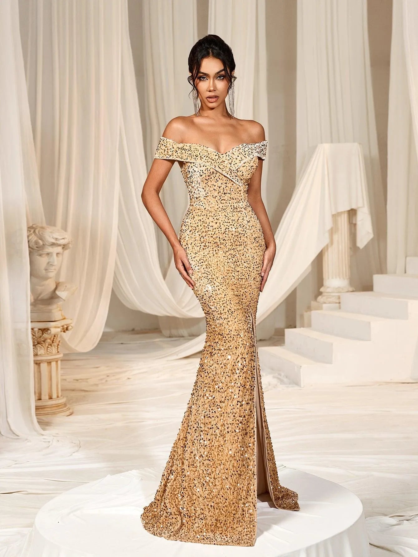 Elegant Off Shoulder Split Sequin Mermaid Dress