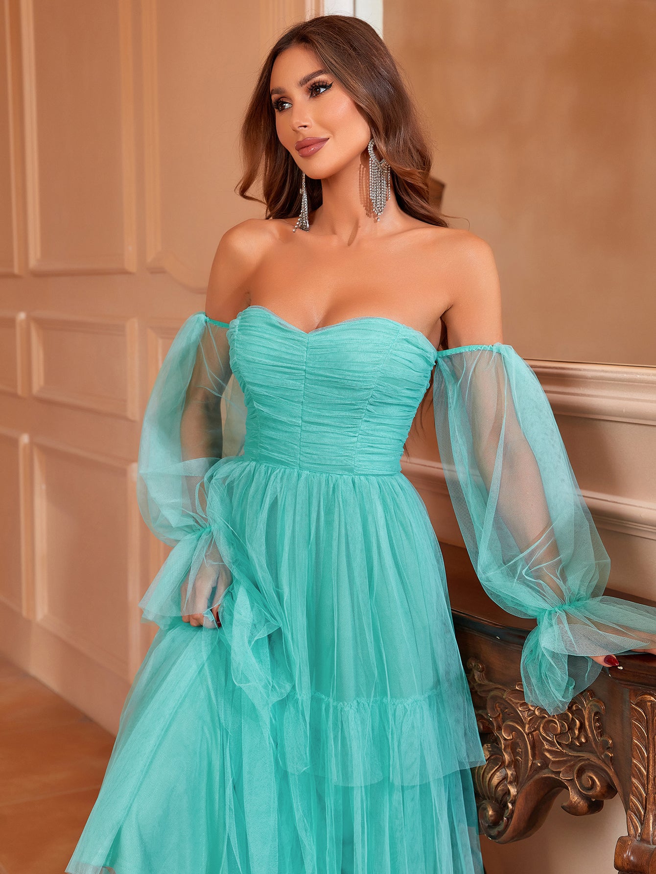 Off Shoulder Lantern Sleeve Mesh Layered Dress