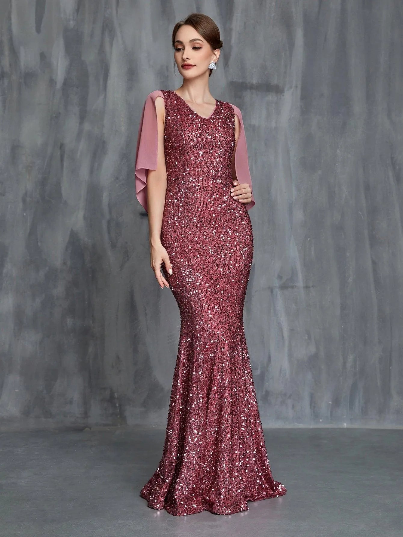 Womens' Draped Back Mermaid Hem Sequin Formal Dress