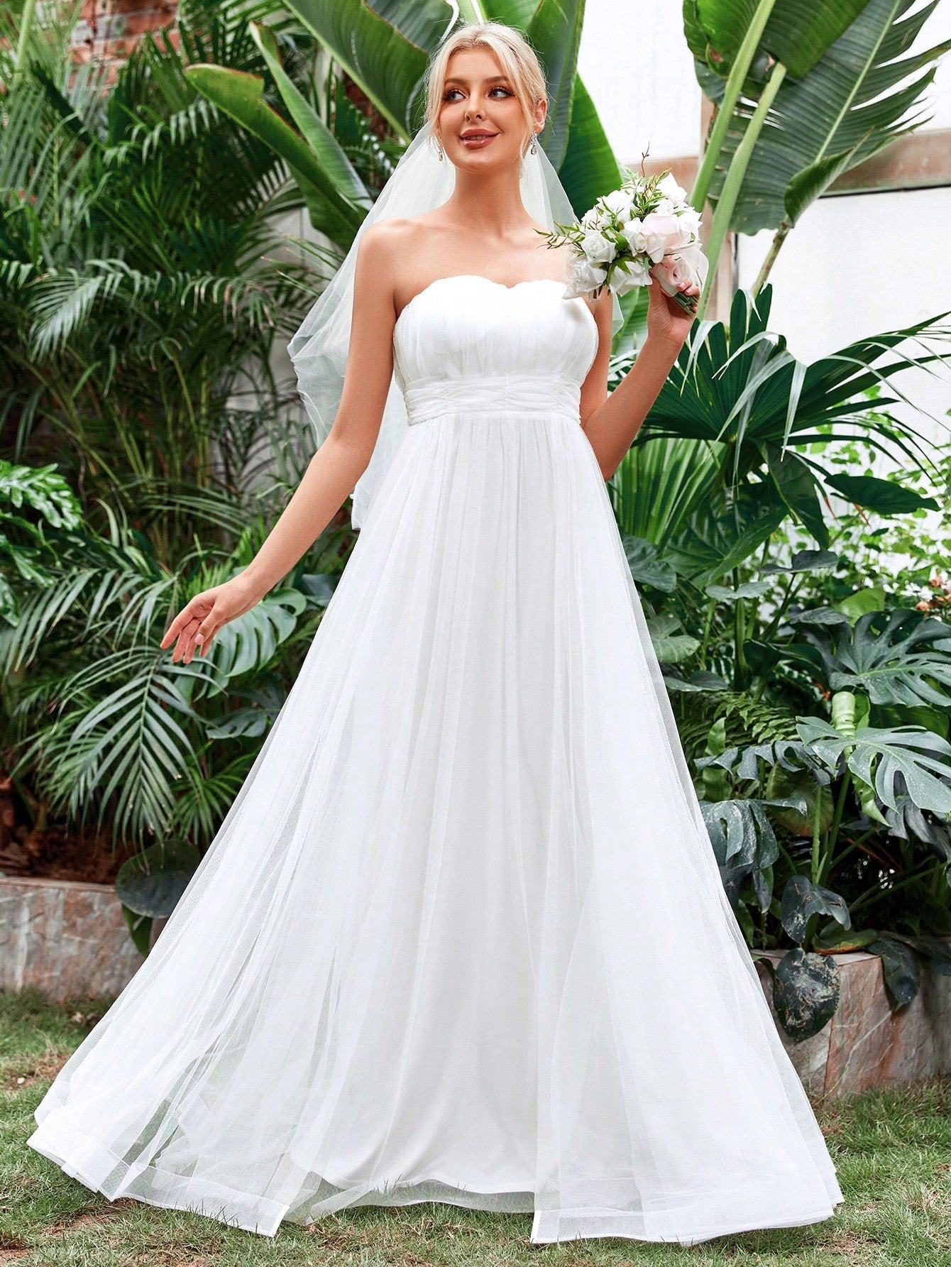 Ruched Waist Mesh Tube Wedding Dress