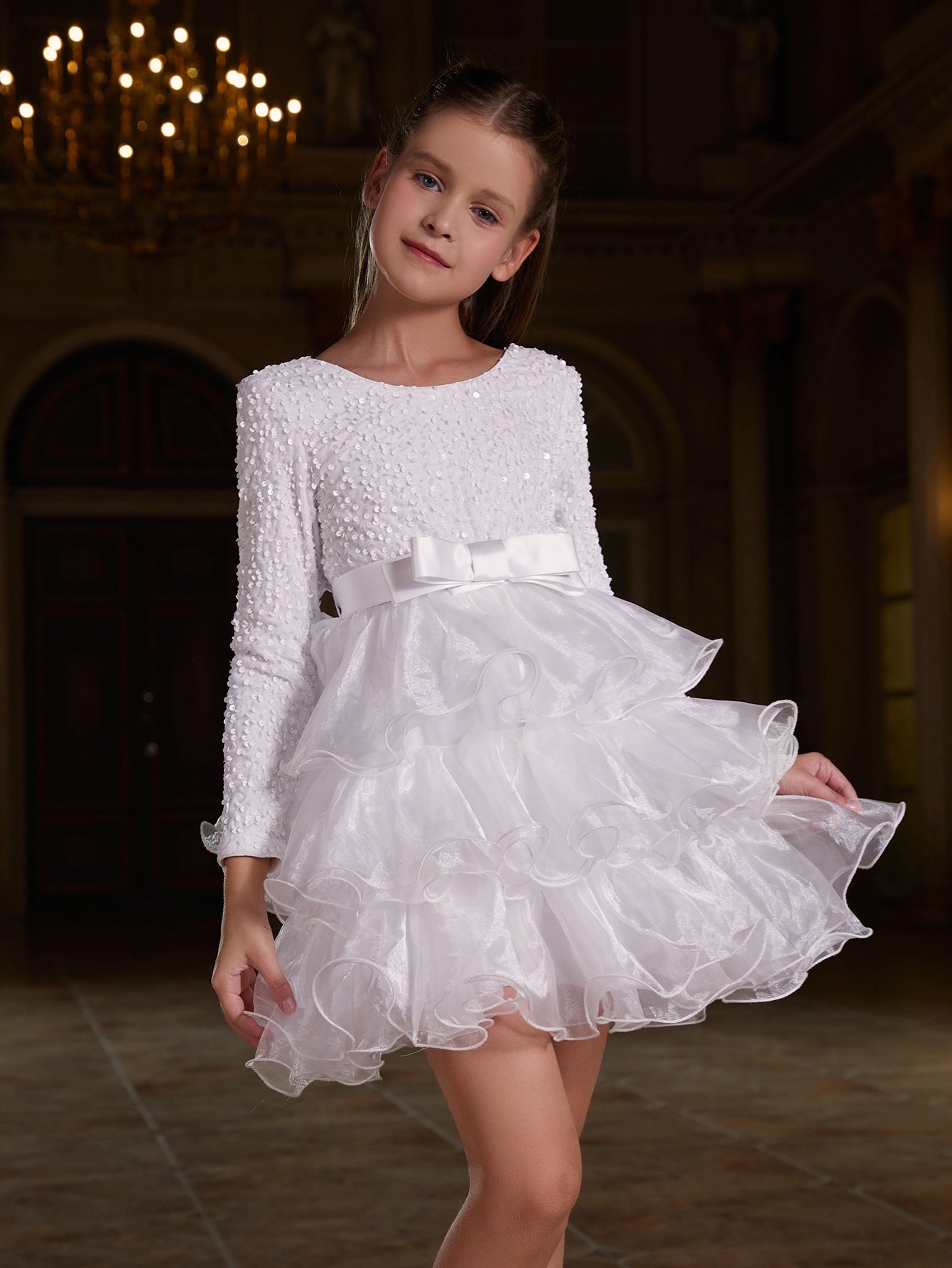 Girl's Sequin Contrast Layered Organza Hem Dress