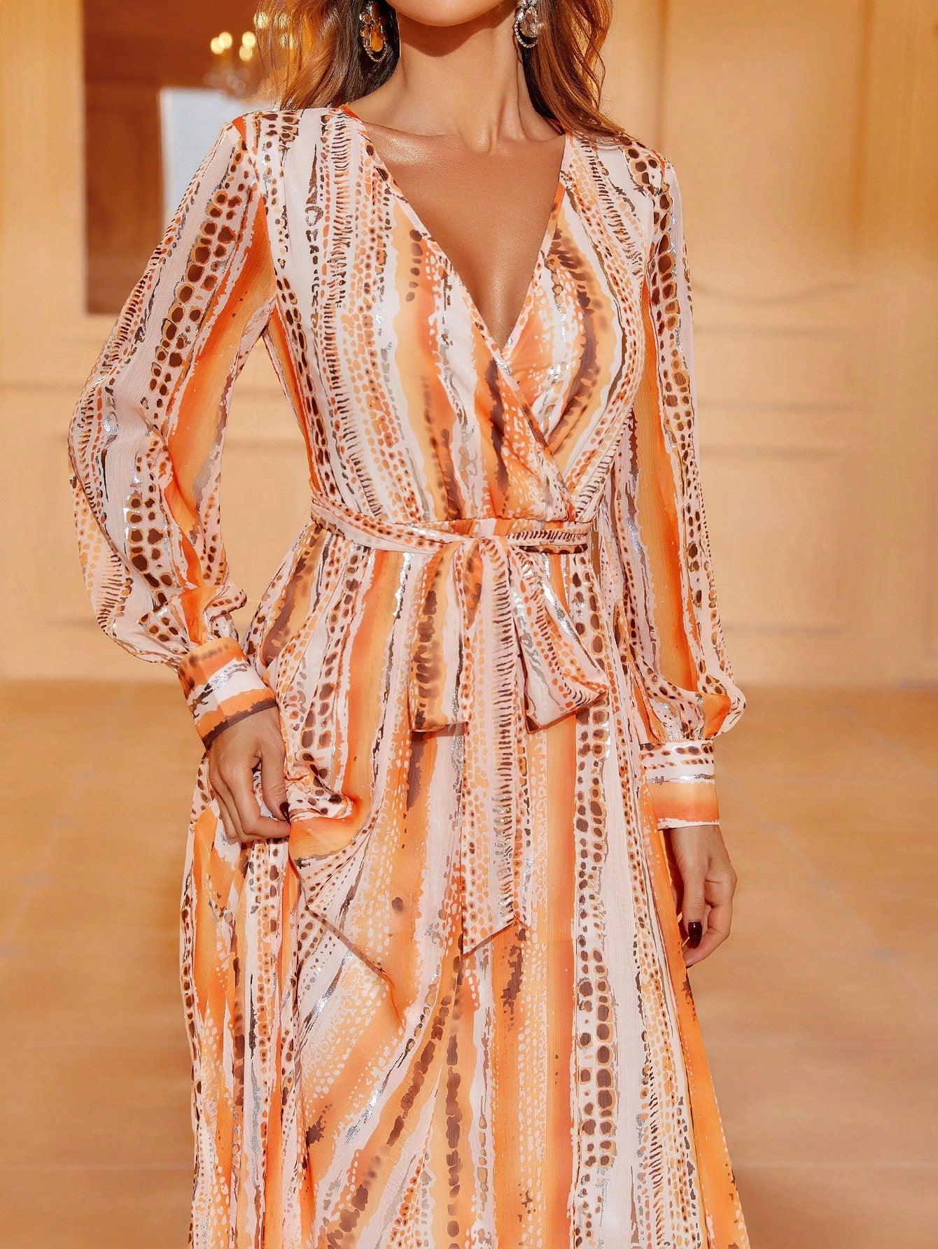 Elegant V Neck Long Sleeve Chiffon Print Dress