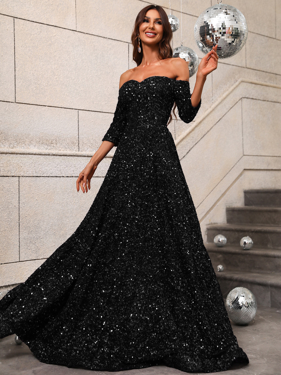 3/4 Sleeve Off Shoulder Sweetheart Sequin A Line Dresses