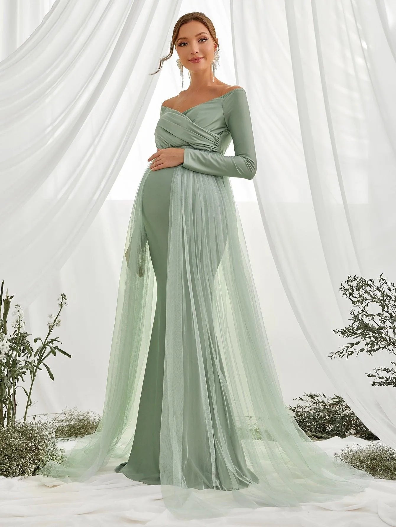 Maternity Off Shoulder Contrast Mesh Mermaid Dress