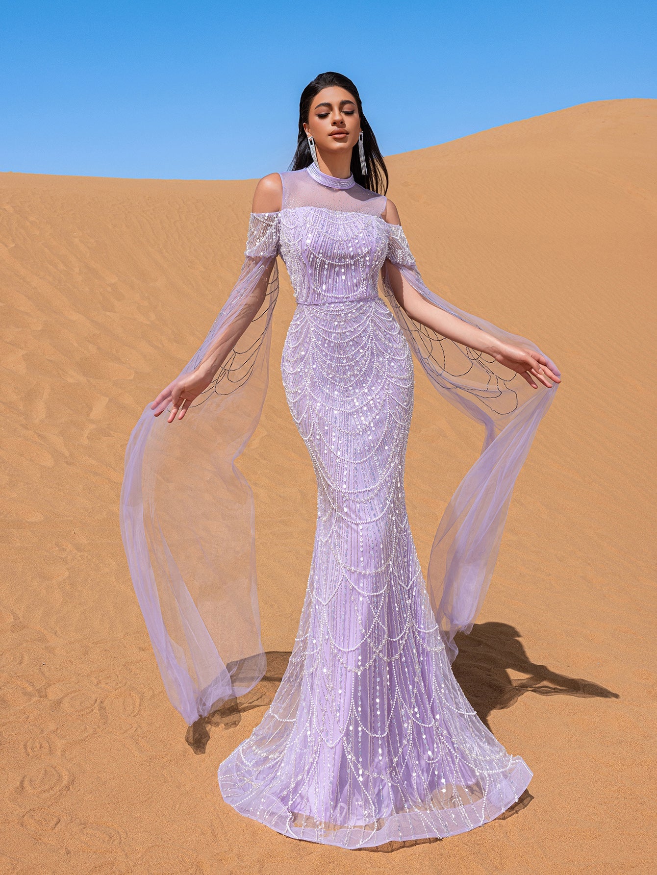 Luxury Gorgeous Rhinestone Detail Cape Sleeves Mermaid Hem Beaded Seuqin Evening Dress