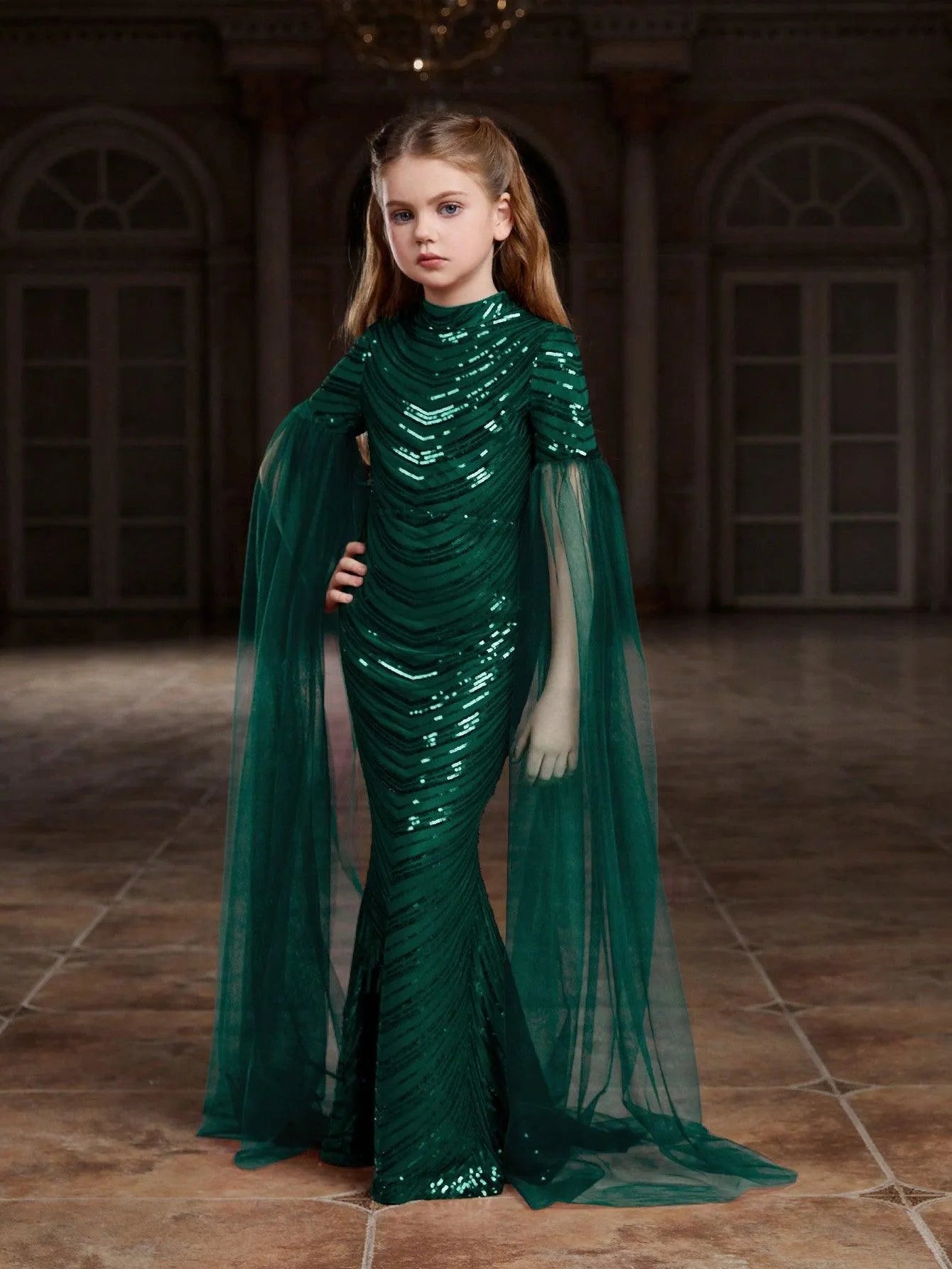 Tween Girls' Cloak Sleeves Sequin Mermaid Dress