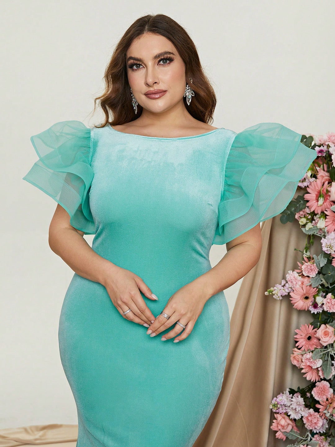 Plus Size Elegant Organza Ruffle Sleeve Velvet Mermaid Dresses