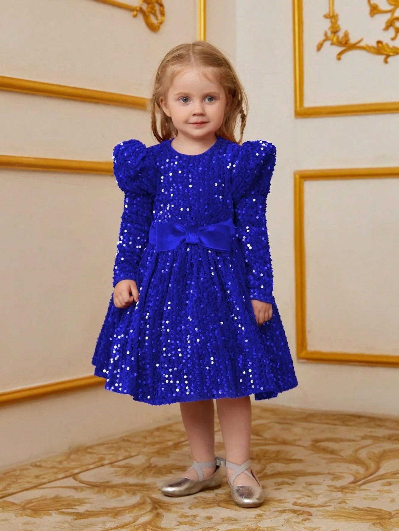 Young Girls' Gigot Sleeve Bow Decor Sequin Midi Dress