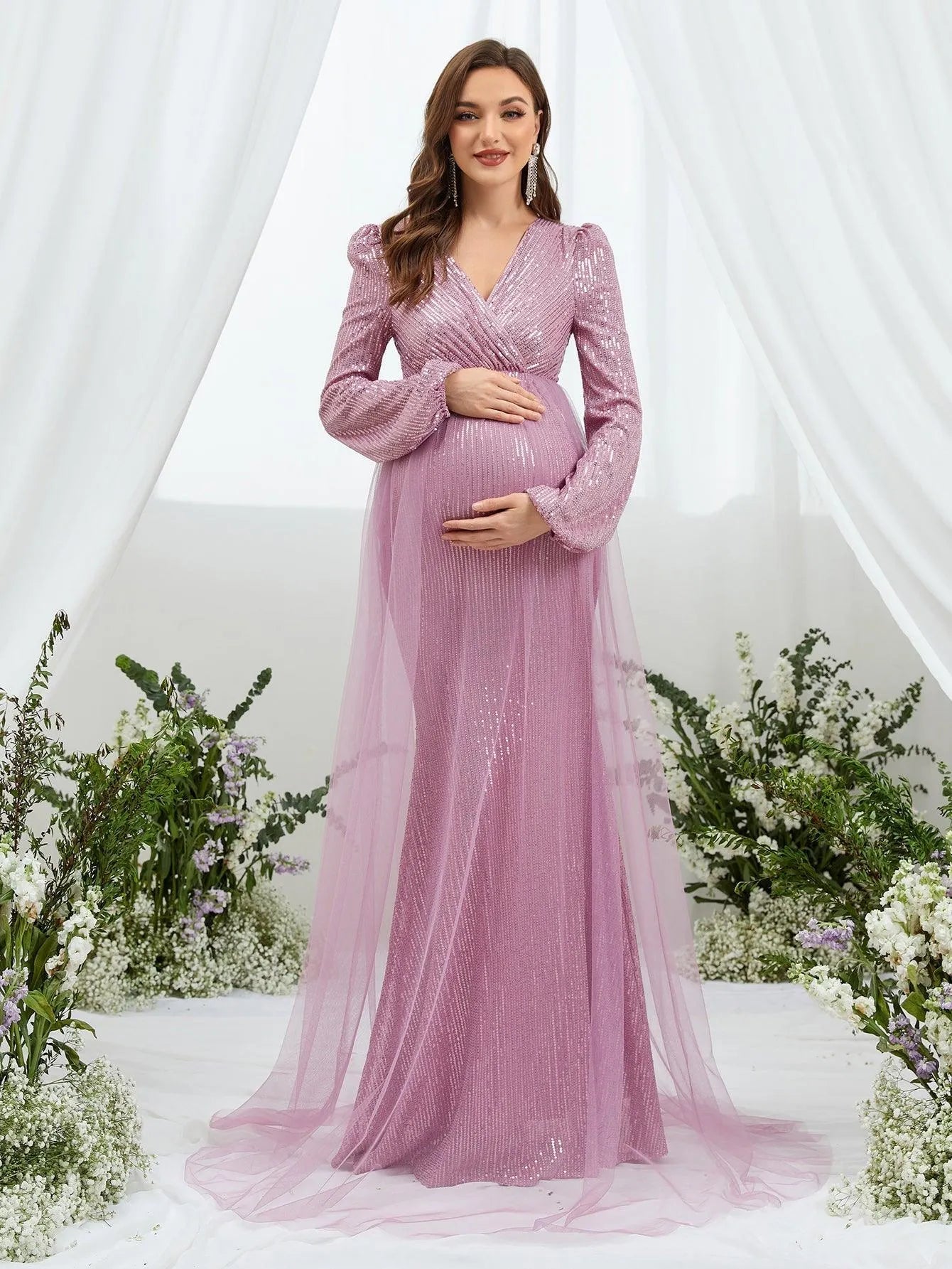 Maternity Surplice Neck Contrast Mesh Sequin Party Dress