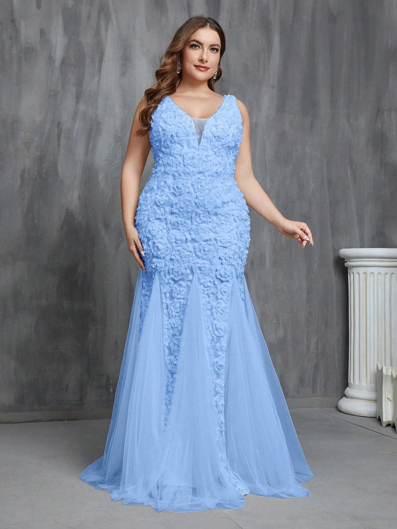 Plus Plunging Neck Mermaid Hem Wedding Dress