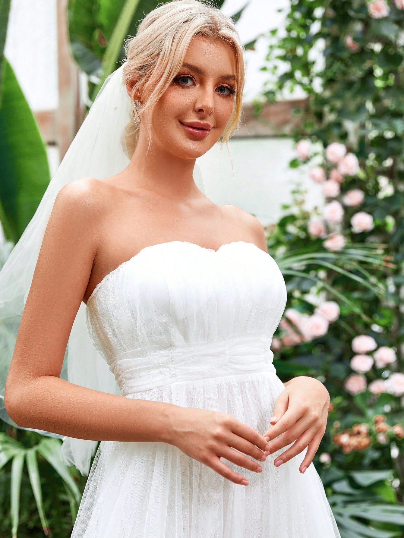 Ruched Waist Mesh Tube Wedding Dress