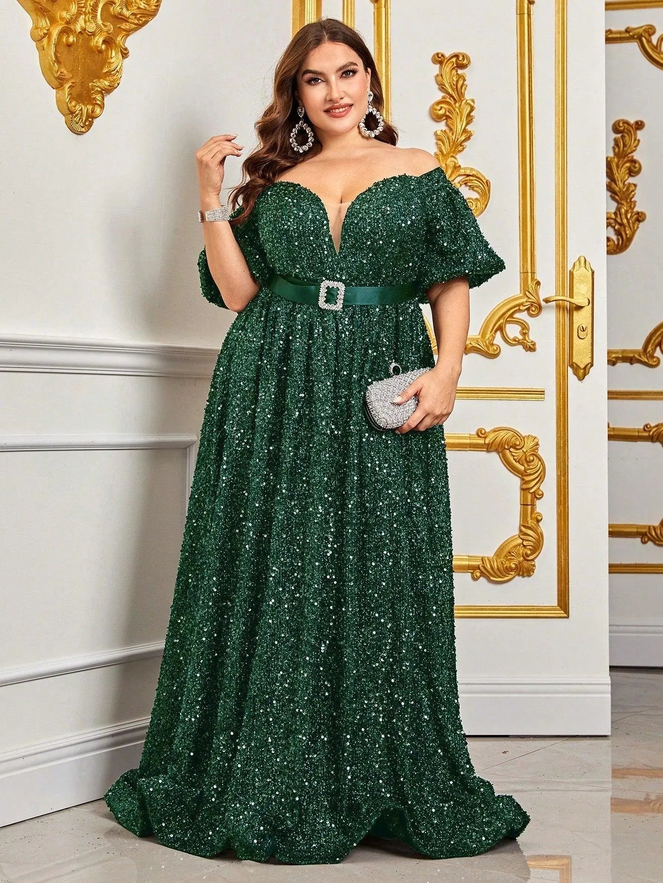 Plus Off Shoulder Puff Sleeves Sequin Formal Dress