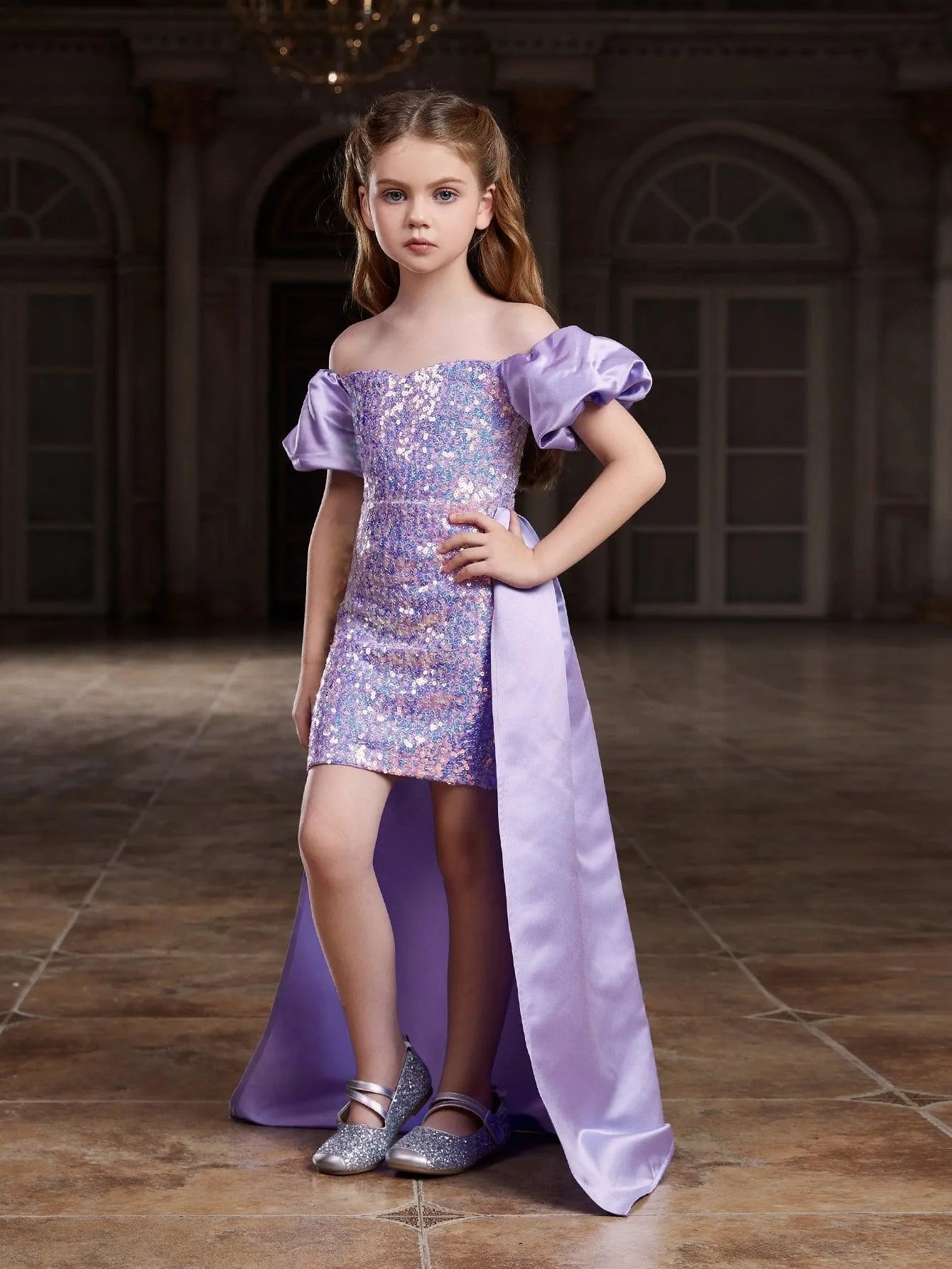 Tween Girls' Off Shoulder Puff Sleeves Satin Overlay Sequin Party Dress