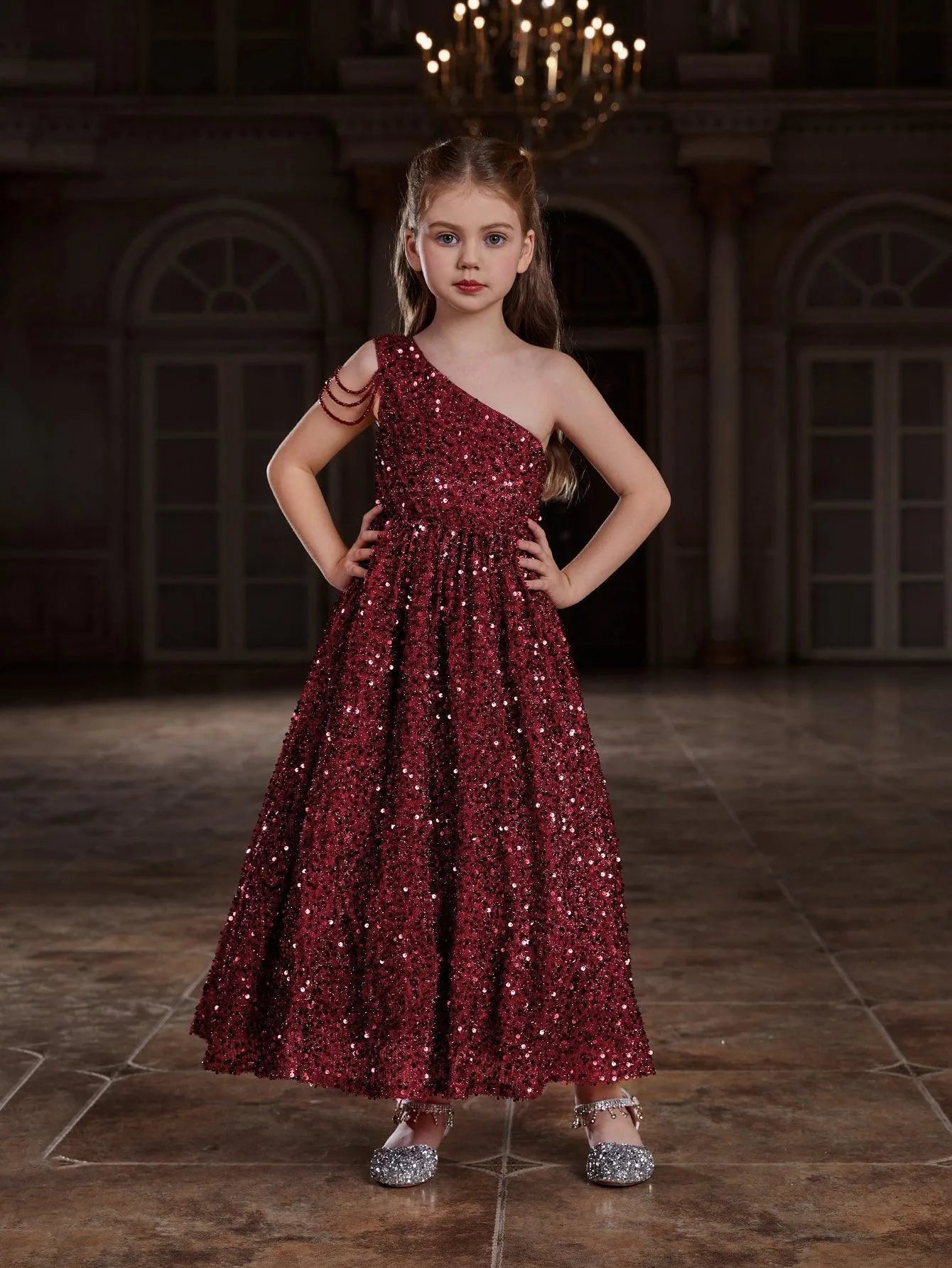 Tween Girls' One Shoulder Chain Detail Sequin Party Dress