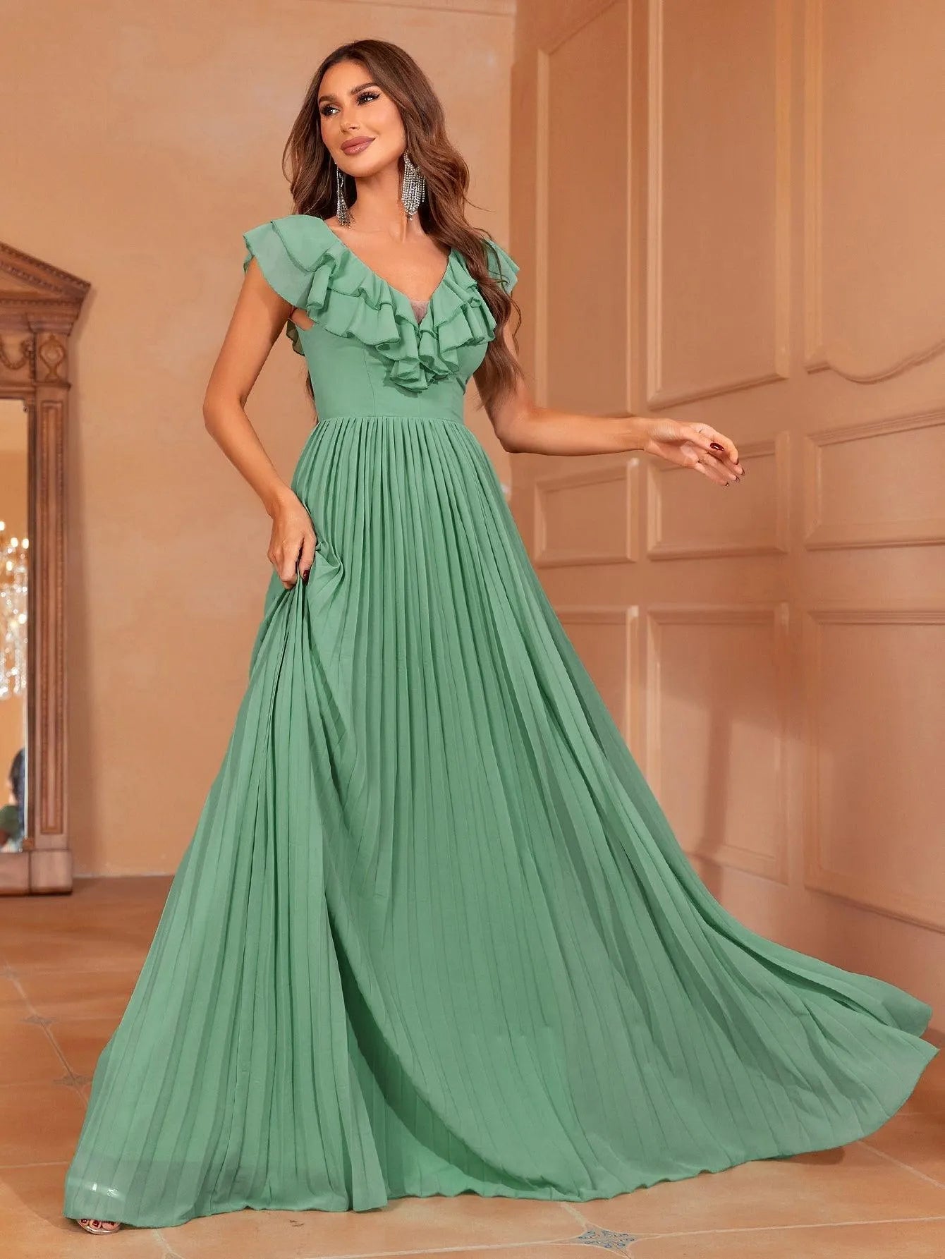 Ruffle Trim Pleated Chiffon A Line Dress