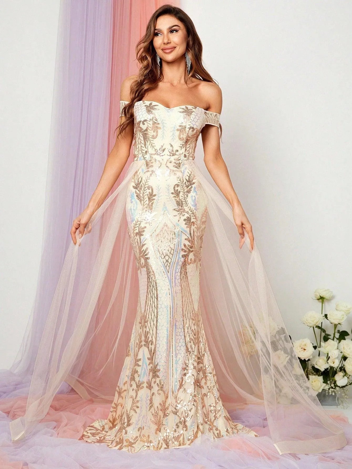 Off Shoulder Mesh Overlay Mermaid Hem Sequin Dress