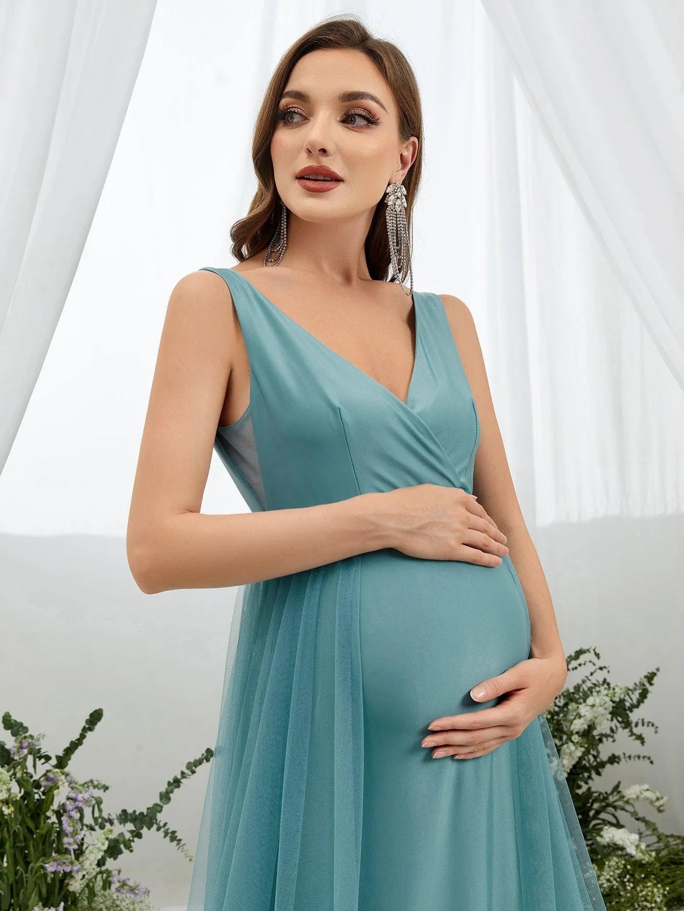 Maternity Backless Surplice Neck Mesh Overlay Dress